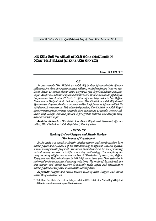 (PDF) Di̇n Kültürü Ve Ahlak Bi̇lgi̇si̇ Öğretmenleri̇ni̇n Öğretme ...