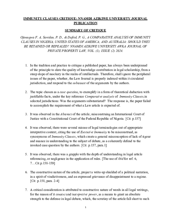 (PDF) IMMUNITY CLAUSES CRITIQUE: NNAMDI AZIKIWE UNIVERSITY JOURNAL ...