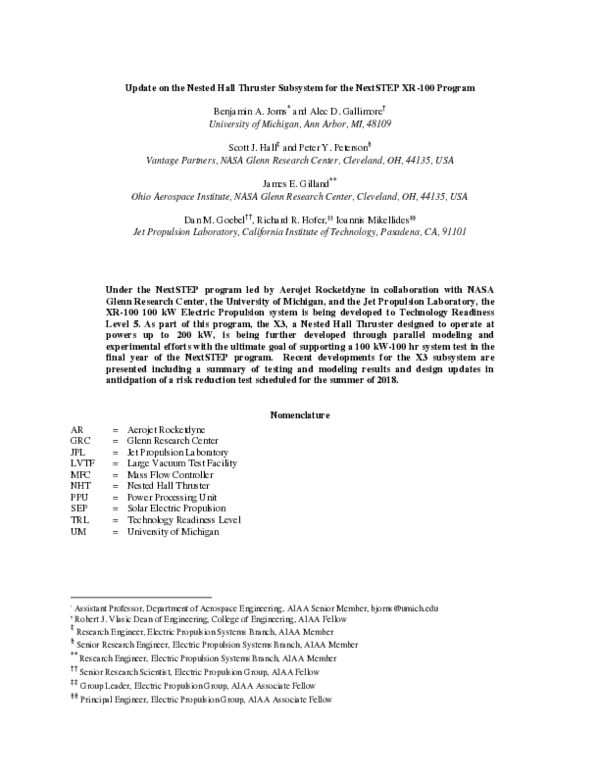 (PDF) Update on the Nested Hall Thruster Subsystem for the NextSTEP XR ...