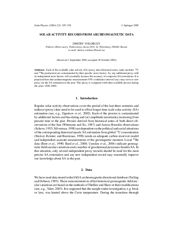 (PDF) Solar Activity Record from Archeomagnetic Data
