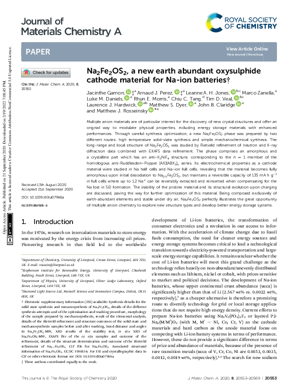 (PDF) Na 2 Fe 2 OS 2 , a new earth abundant oxysulphide cathode ...