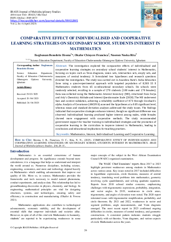 (PDF) COMPARATIVE EFFECT OF INDIVIDUALISED AND COOPERATIVE LEARNING ...
