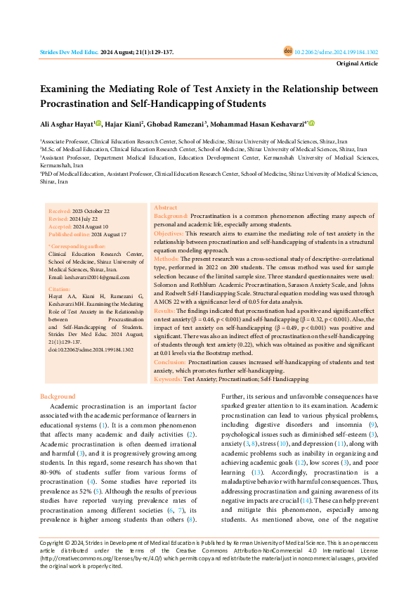 (PDF) Examining the Mediating Role of Test Anxiety in the Relationship ...