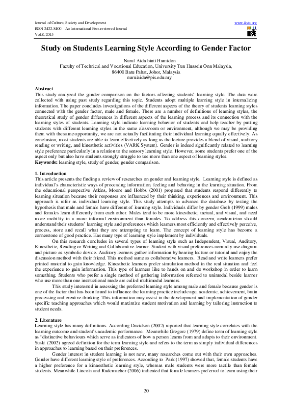 (PDF) Study on Students Learning Style According to Gender Factor