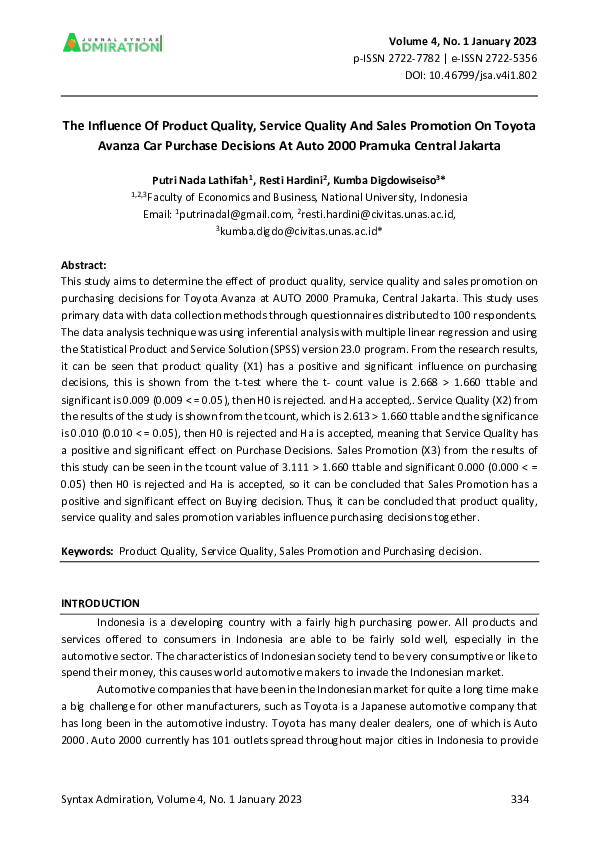 (PDF) The Influence Of Product Quality, Service Quality And Sales ...