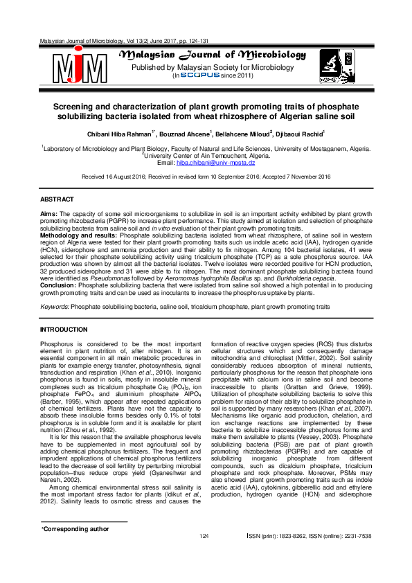 (PDF) Screening and characterization of plant growth promoting traits ...