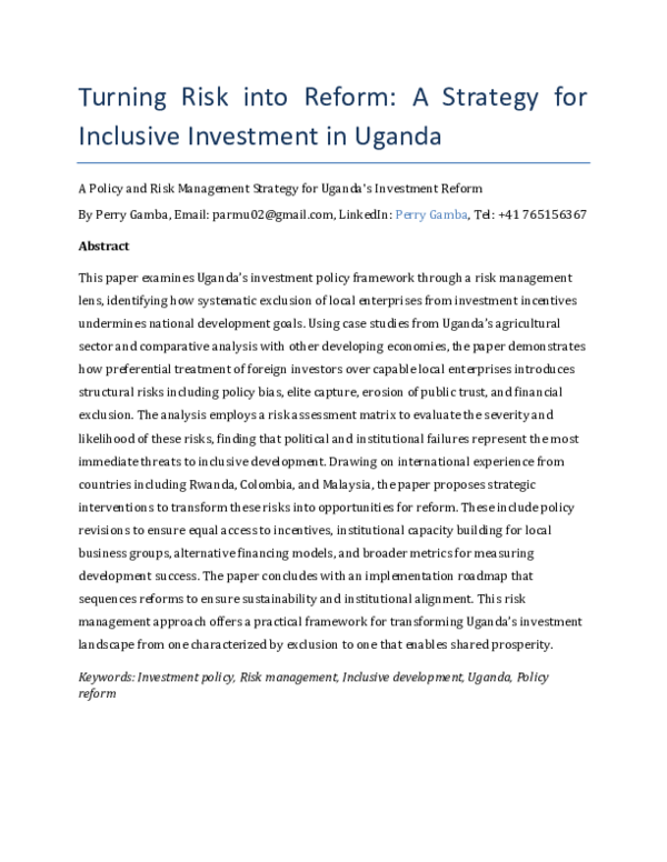 (PDF) Turning Risk into Reform: A Strategy for Inclusive Investment in ...