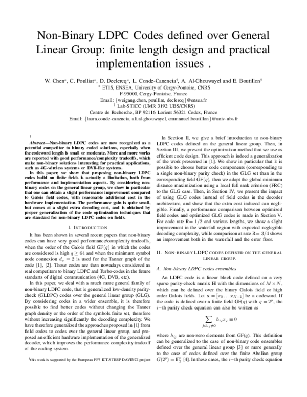 (PDF) Non-Binary LDPC Codes Defined Over the General Linear Group ...