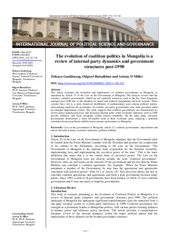 (PDF) The evolution of coalition politics in Mongolia is a review of ...