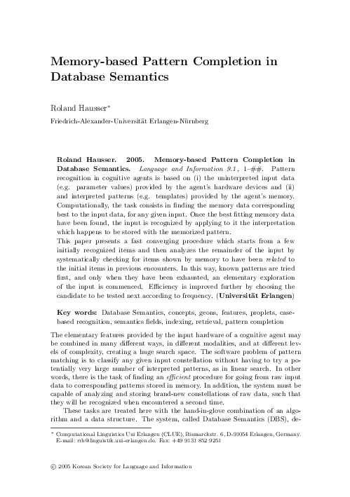 (PDF) Memory-based Pattern Completion in Database Semantics