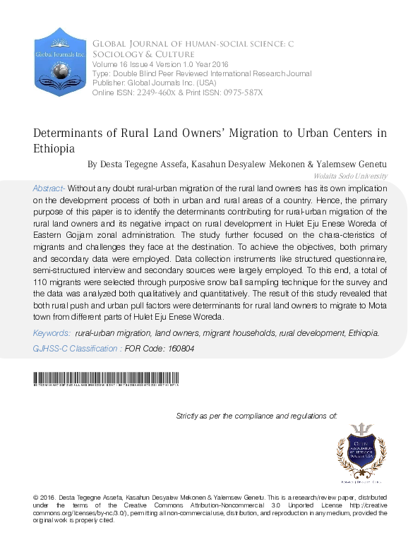 (PDF) Determinants of Rural Land Ownersâ€™ Migration to Urban Centers ...