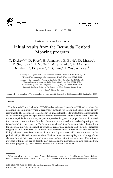 (PDF) Initial results from the Bermuda Testbed Mooring program