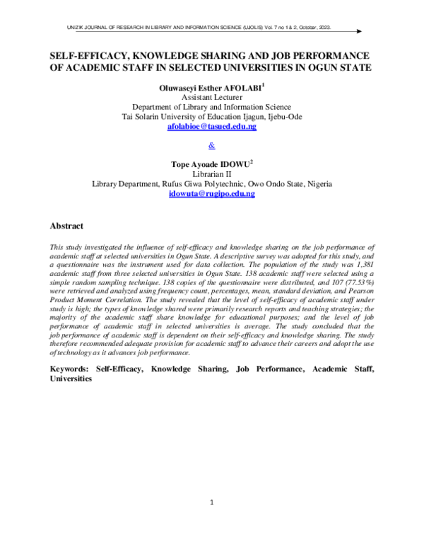 (PDF) SELF-EFFICACY, KNOWLEDGE SHARING AND JOB PERFORMANCE OF ACADEMIC ...
