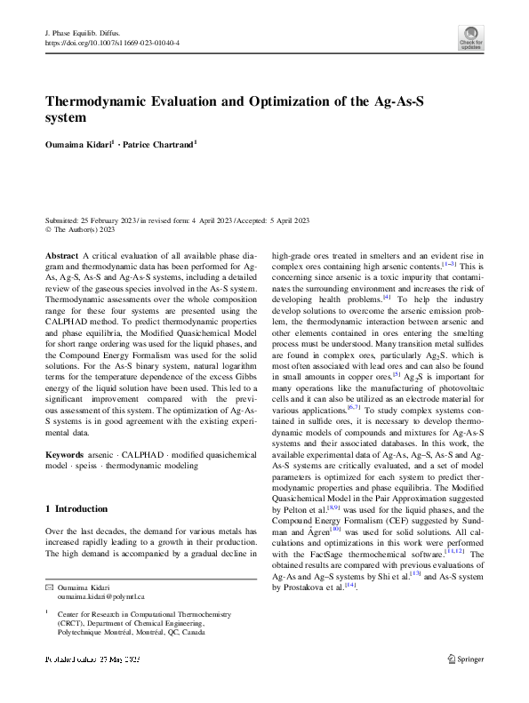 (PDF) Thermodynamic Evaluation and Optimization of the Ag-As-S system