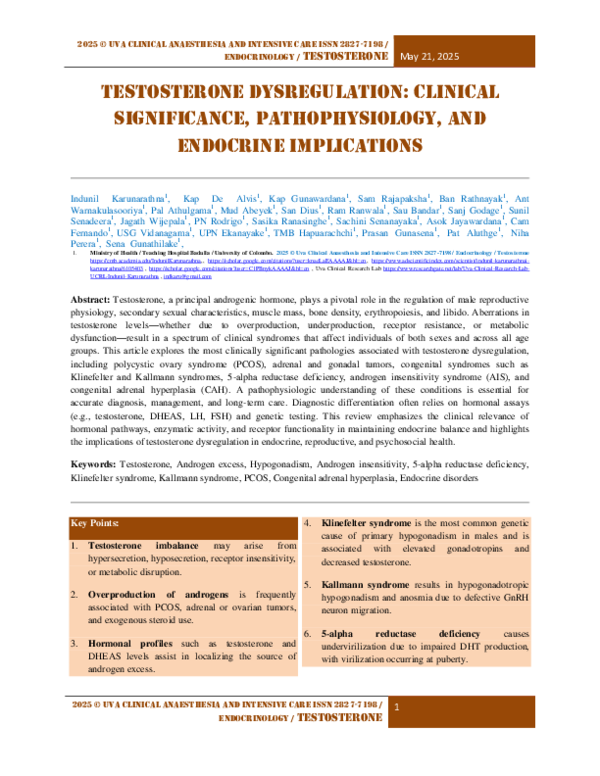 (PDF) Testosterone Dysregulation Clinical Significance, Pathophysiology ...