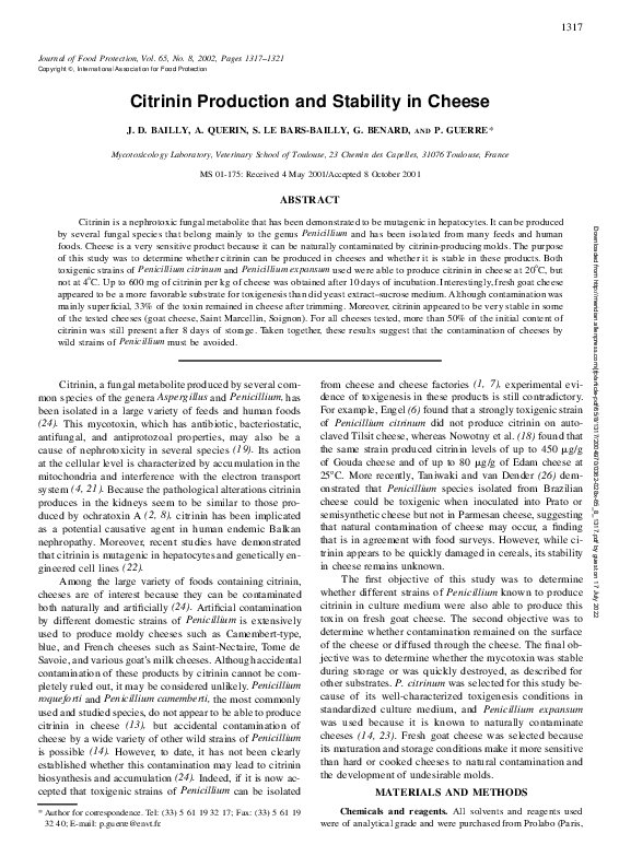 (PDF) Citrinin Production and Stability in Cheese