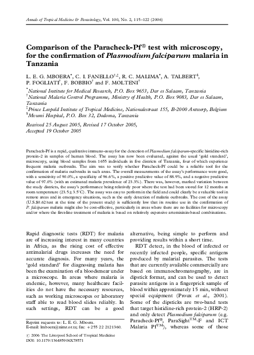 (PDF) Comparison of the Paracheck-Pf®test with microscopy, for the ...