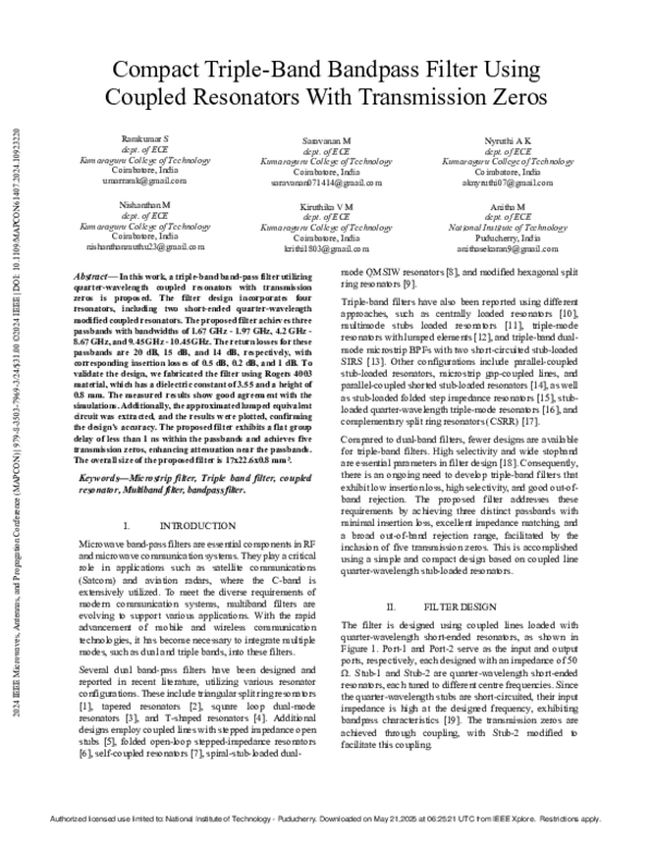(PDF) Compact Triple-Band Bandpass Filter Using Coupled Resonators With ...