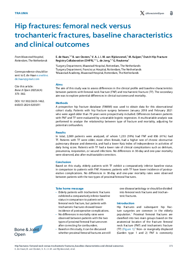 (PDF) Hip fractures: femoral neck versus trochanteric fractures ...