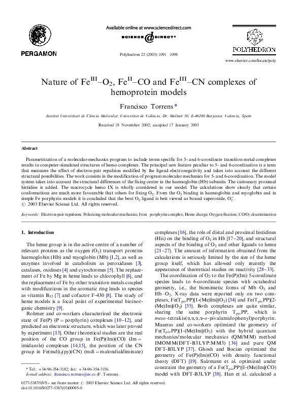 (PDF) Nature of FeIII–O2, FeII–CO and FeIII–CN complexes of hemoprotein ...