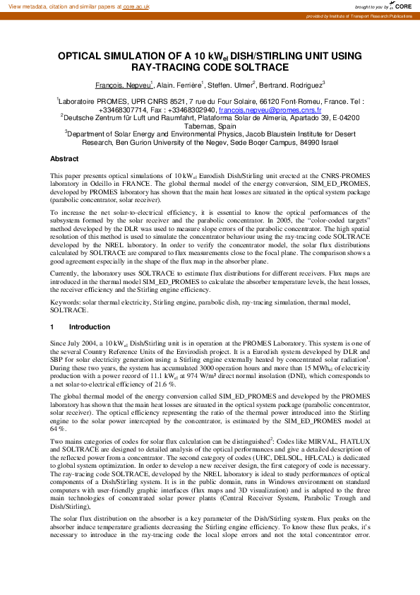 (PDF) Optical Simulation of a 10 KWel Dish/Stirling Unit Using Ray ...