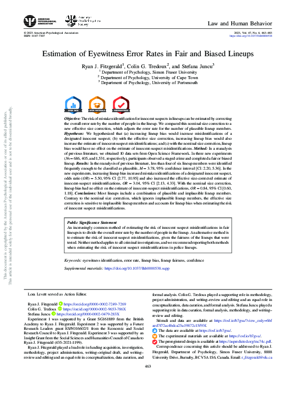 (PDF) Estimation of eyewitness error rates in fair and biased lineups