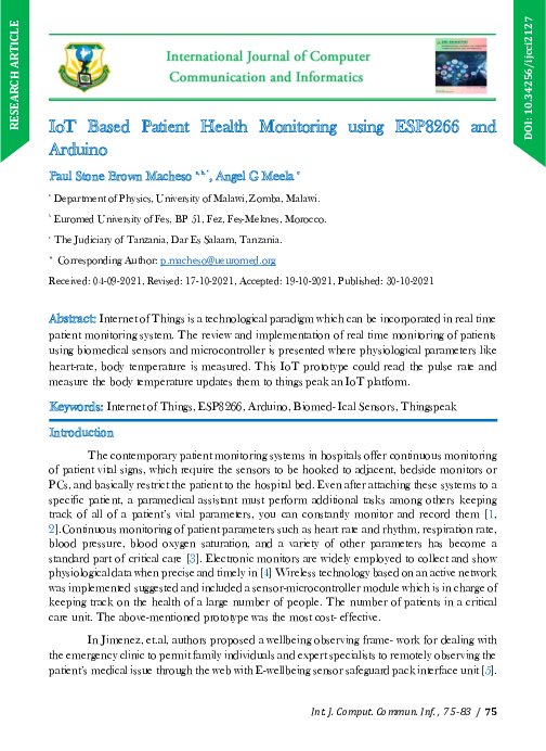 (PDF) IoT Based Patient Health Monitoring using ESP8266 and Arduino