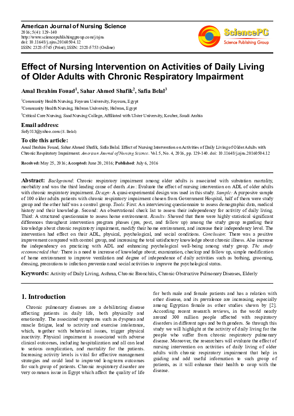(PDF) Effect of Nursing Intervention on Activities of Daily Living of ...