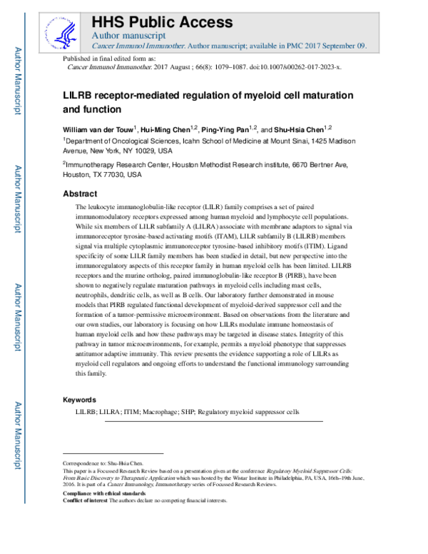 (PDF) LILRB receptor-mediated regulation of myeloid cell maturation and ...