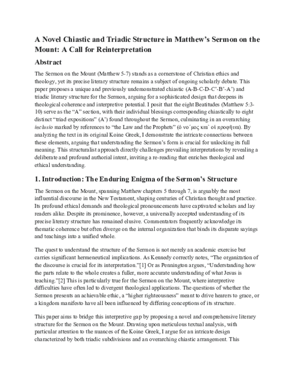 (PDF) A Novel Chiastic and Triadic Structure in Matthew's Sermon on the ...