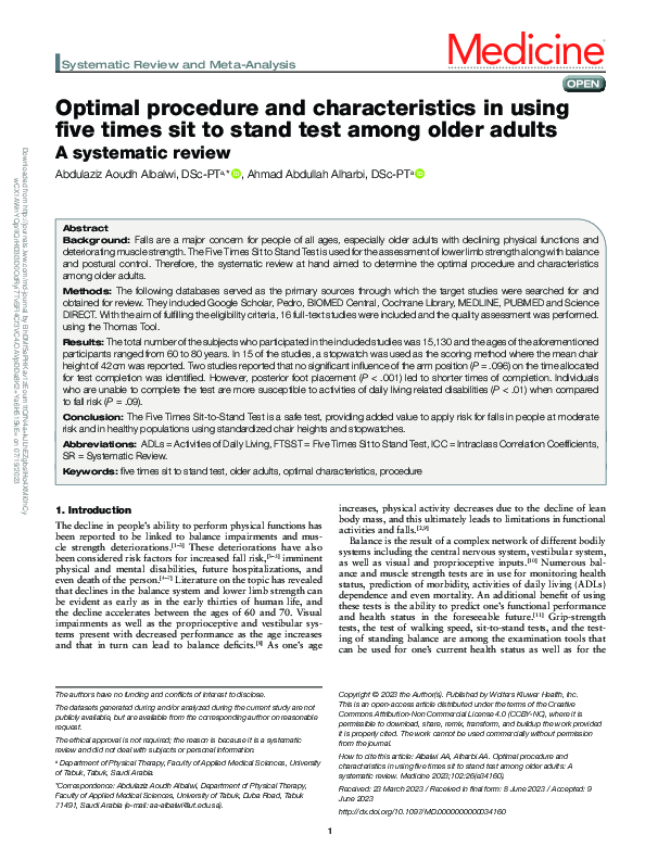 (PDF) Optimal procedure and characteristics in using five times sit to ...