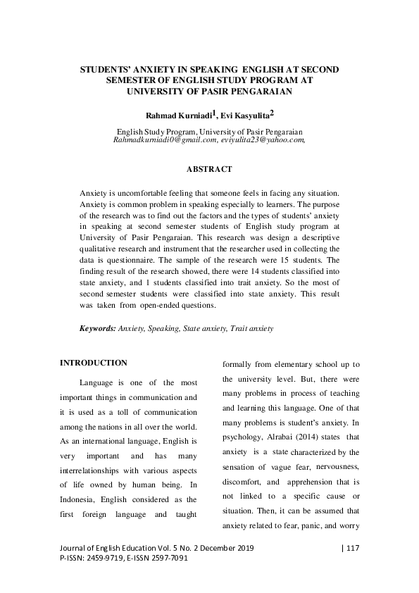 (PDF) Students’ Anxiety in Speaking English at Second Semester of ...