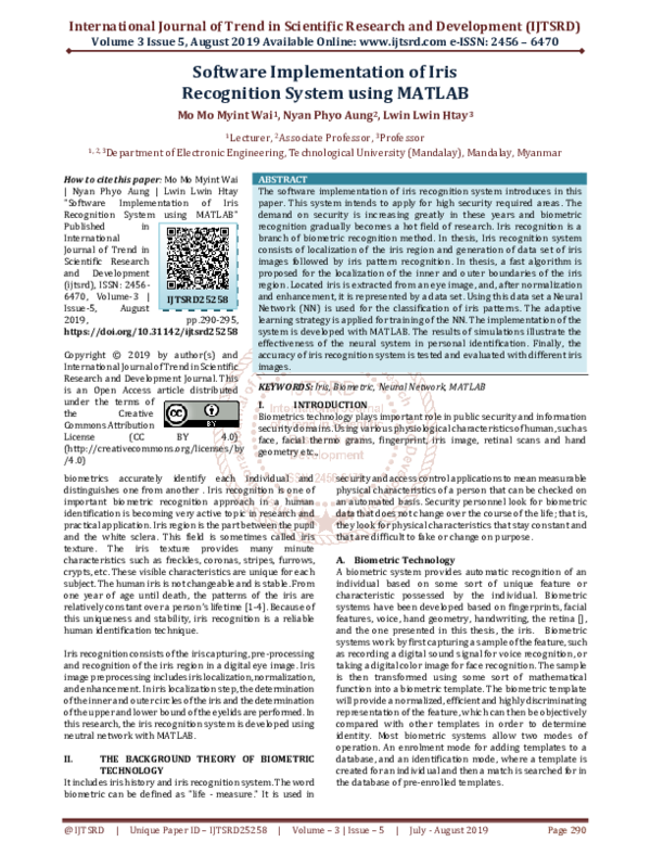 (PDF) Software Implementation of Iris Recognition System using MATLAB