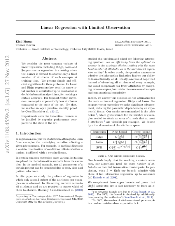 (PDF) Optimal Algorithms for Ridge and Lasso Regression with Partially ...