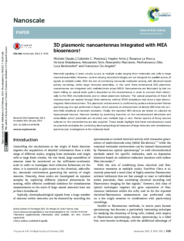 (PDF) 3D plasmonic nanoantennas integrated with MEA biosensors