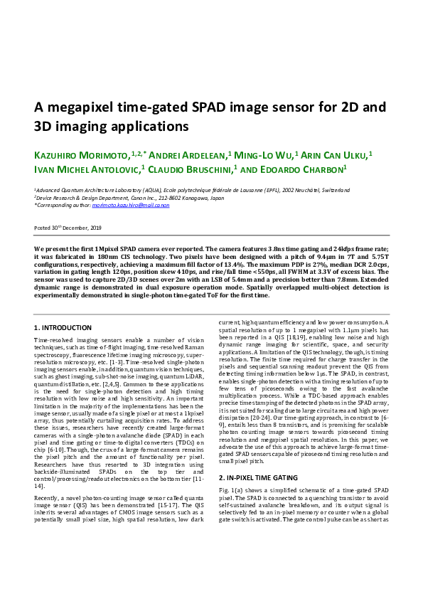 (PDF) A megapixel time-gated SPAD image sensor for 2D and 3D imaging ...