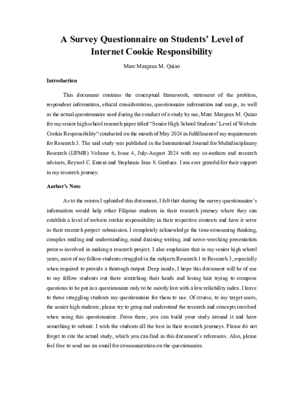 (PDF) A Survey Questionnaire on Students' Level of Internet Cookie ...