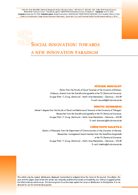 (PDF) Social Innovation: Towards a New Innovation Paradigm
