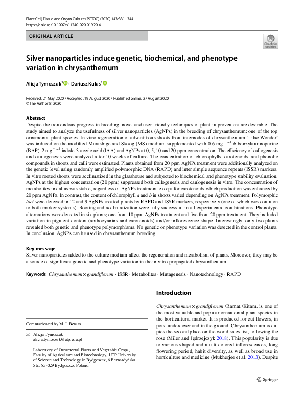 (PDF) Silver nanoparticles induce genetic, biochemical, and phenotype ...