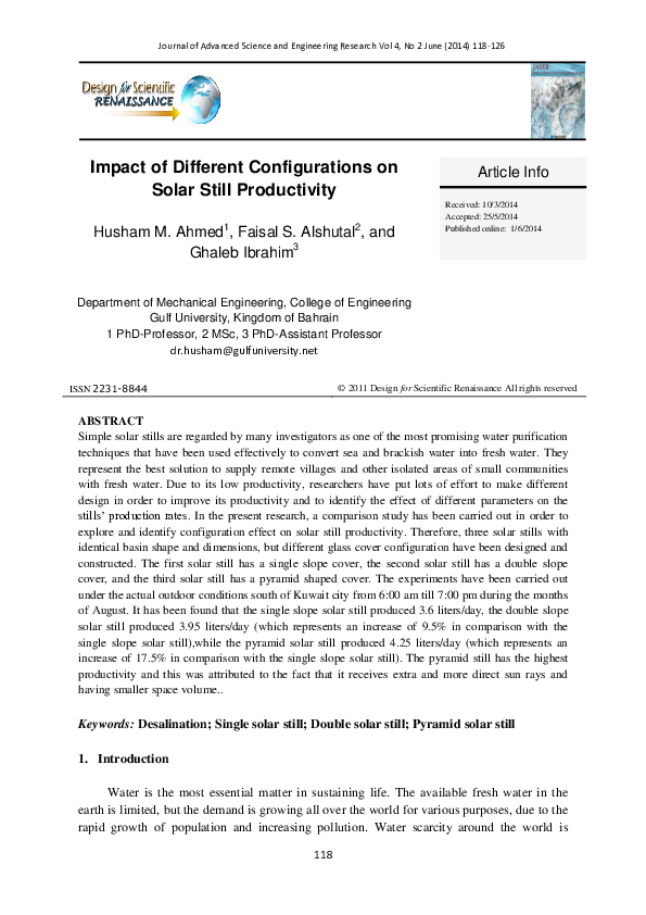 (PDF) Impact of Different Configurations on Solar Still Productivity