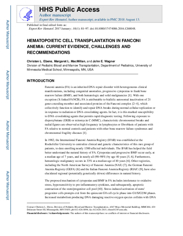 (PDF) Hematopoietic cell transplantation in Fanconi anemia: current ...