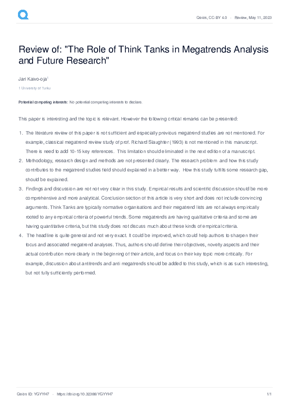(PDF) Review of: "The Role of Think Tanks in Megatrends Analysis and ...