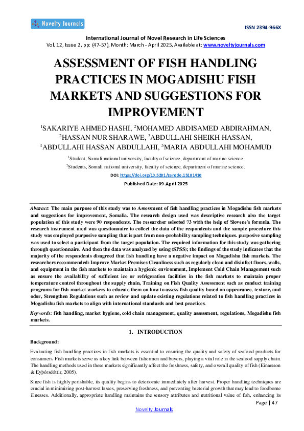 (PDF) ASSESSMENT OF FISH HANDLING PRACTICES IN MOGADISHU FISH MARKETS ...