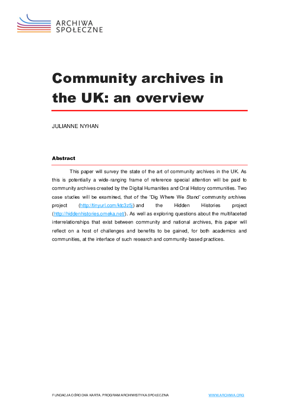 (PDF) Community Archives in the UK: an overview