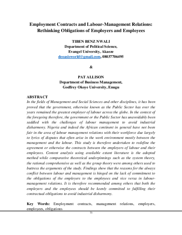 Pdf Employment Contracts And Labour Management Relations Rethinking