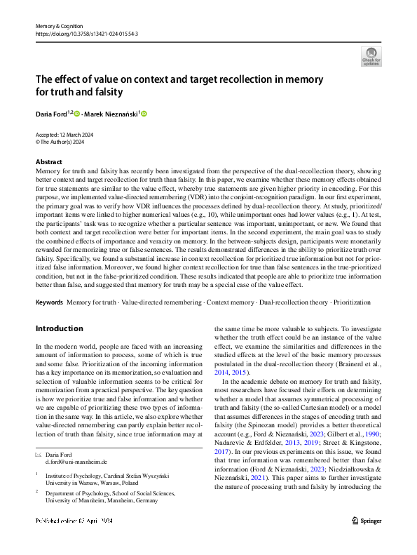 (PDF) The effect of value on context and target recollection in memory ...