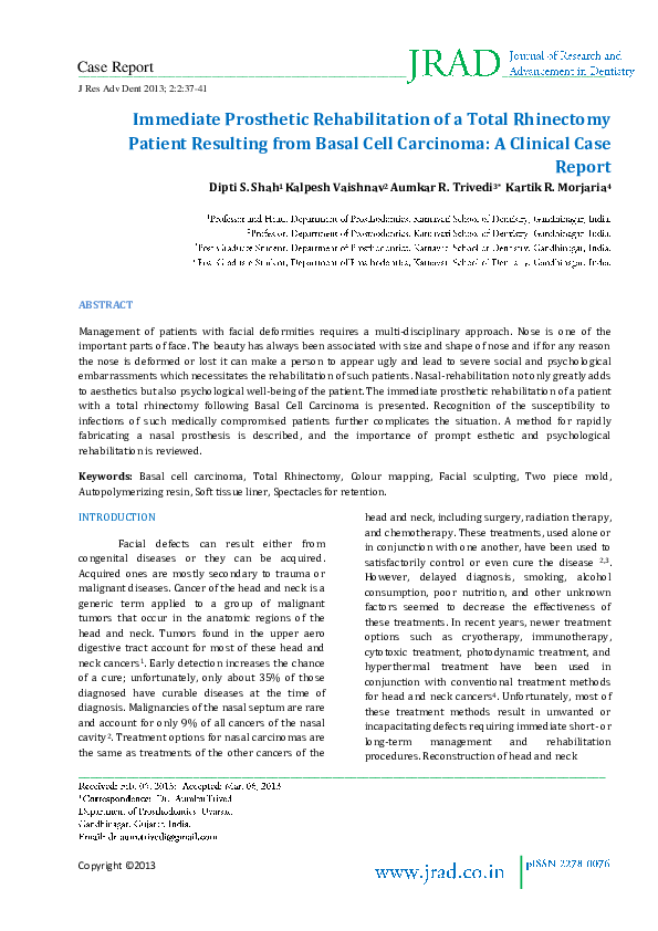 (PDF) Immediate Prosthetic Rehabilitation of a Total Rhinectomy Patient ...