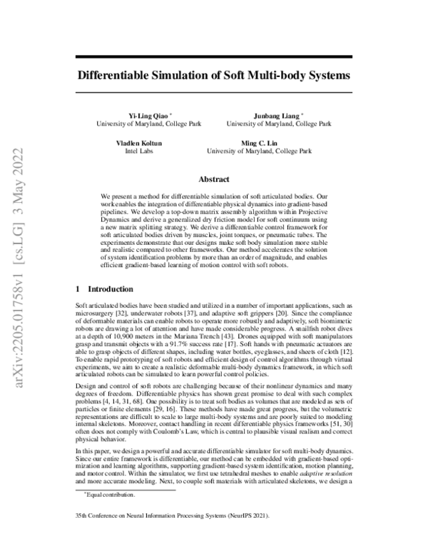 (PDF) Differentiable Simulation of Soft Multi-body Systems