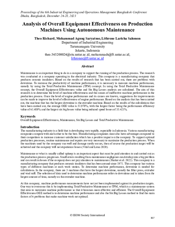 (PDF) Analysis of Overall Equipment Effectiveness on Production ...
