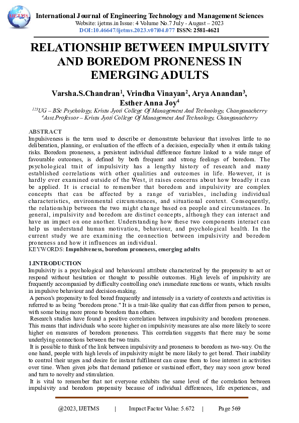 (PDF) RELATIONSHIP BETWEEN IMPULSIVITY AND BOREDOM PRONENESS IN ...